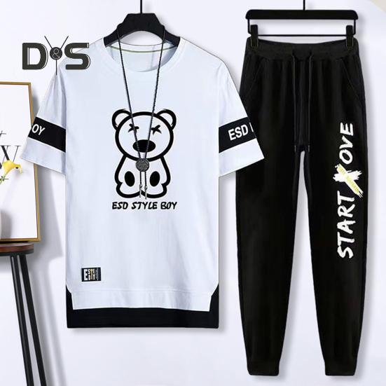 2Pcs/Set Men Casual Sportwear O-Neck Short Sleeve Bear Pattern T-shirt Elastic Waist Sweatpants Set Loose Fit Sports Wear