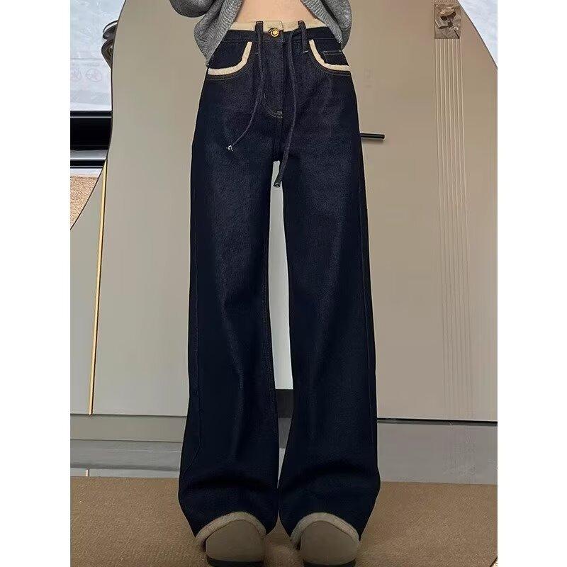 Simple and versatile velvet jeans for women's winter pear-shaped body straight-leg pants with a sense of design