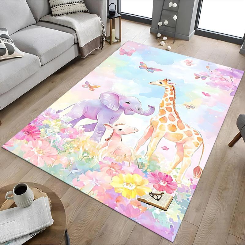 1PC Elephant Giraffe Non-Slip Floor Carpet, Office, Family, Bedroom, Studio - Large Area Rug, Vibrant Colors, Longlasting Material-X423