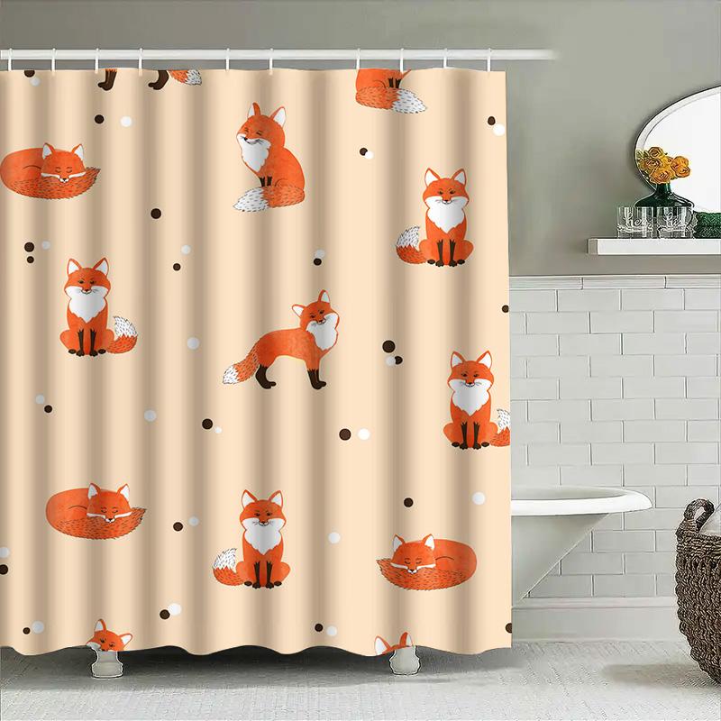 Cortină de duș fermecătoare cu model de vulpe de desene animate, țesătură impermeabilă, decor pentru baie, decorațiune pentru casă, imprimare 3D, portocaliu, alb, colorat A