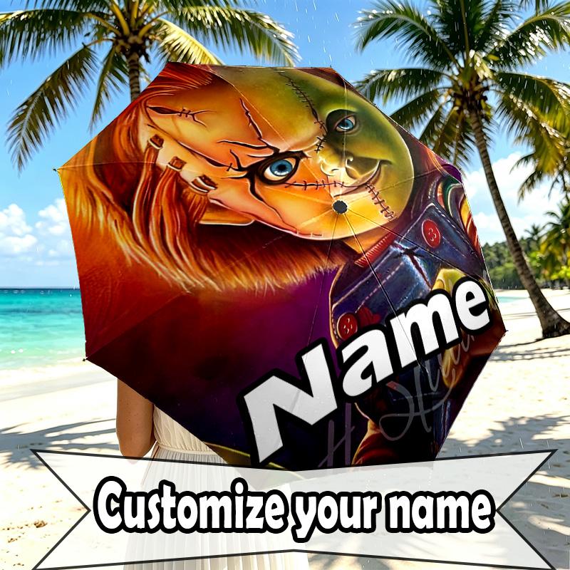 Custom Name Personalized Bride of Chucky Print Umbrella, Auto Open Close, 8‑Rib Sturdy Frame, Commute Camping Hiking Use, Birthday Gift