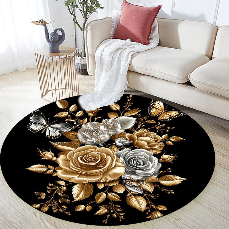 Golden Roses and Butterflies Round Area Rug,Carpet Rug for Living Room Bedroom Sofa Playroom Decor,Non-slip Floor Mat