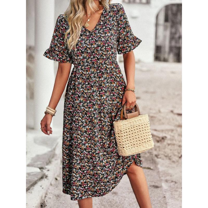 Sommerkleid für Damen, V-Ausschnitt, elegant, bedruckt, kurzärmelig, hohe Taille, A-Linie, Blumenmuster, Urlaubskleid