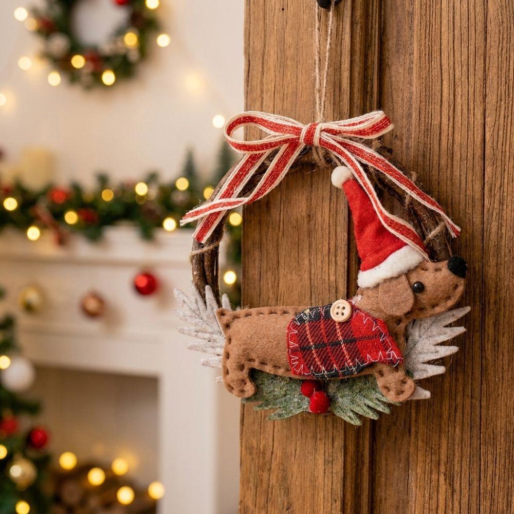 Dachshund Christmas Dog Door Hanger Pine Berry Christmas Bell Wreath Hanger Xmas Party Supplies