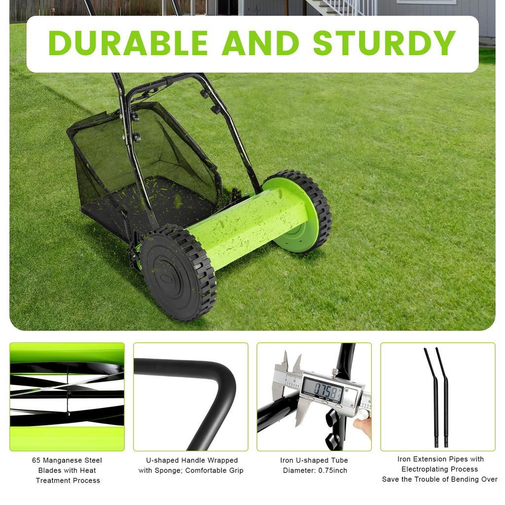 Manual Push Reel Lawn Mower 12 Inch 5 Blade Walk Behind Grass Cutter Adjustable Height with Grass Catcher