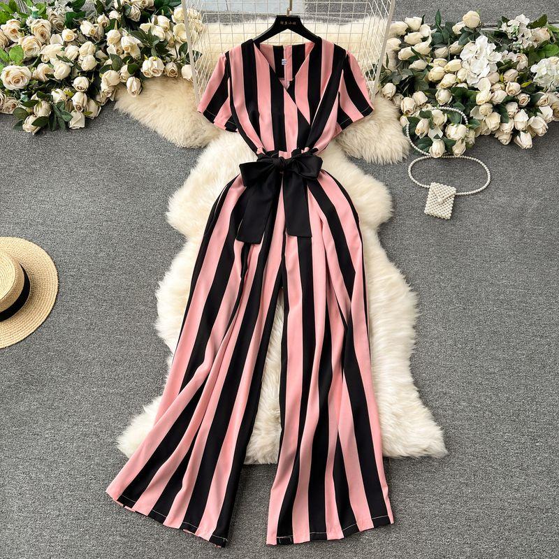 

European and American Color Matching Striped Lace-up Waist-Tight Long Jumpsuit Pink One size