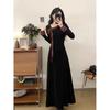 French Hepburn Style Small Black Dress Bow Long-sleeved Dress Women's Autumn and Winter Slim and Thin Medium and Long Skirt