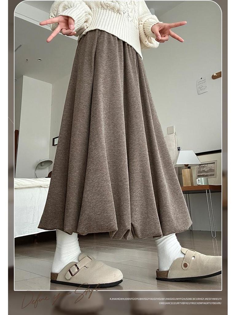 Khaki Sticky Rice Bud A-line Skirt: Women's High Waist Slimming Mid-length for Autumn 2025