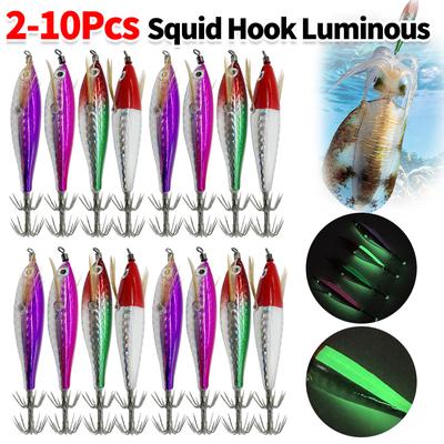 2-10PCS 5.5g Láser Luminoso Flotante Horizontal Madera Señuelo Camarón Calamar Jigging Anzuelo Camarón Pulpo Sepia Cebos de Pesca
