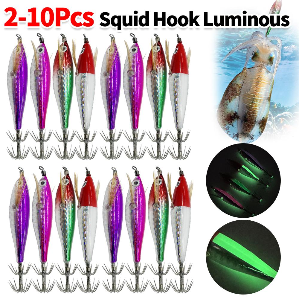 2-10PCS 5.5g Laser Luminous Floating Horizontal Wood Shrimp Lure Squid Jigging Shrimp Hook Octopus Cuttlefish Fishing Baits