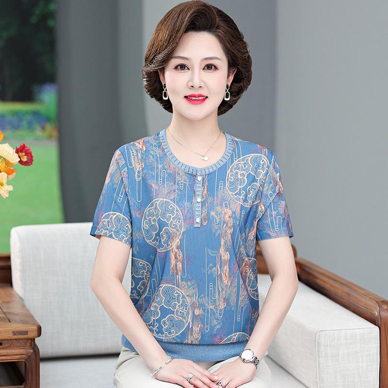 Mother's Ice Silk Short-Sleeve T-Shirt for Middle-Aged Women (Ages 40-50) - Plus Size, Lightweight Summer Top