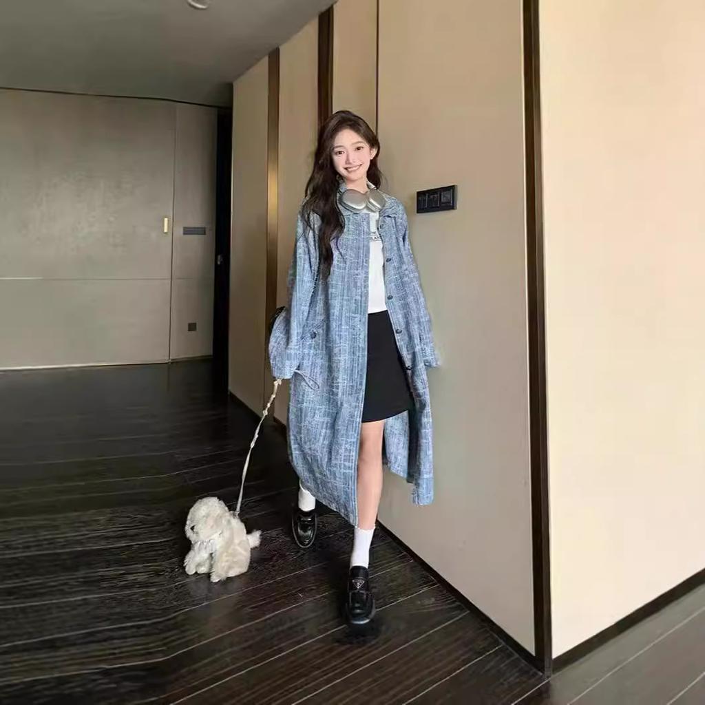 Blue Jacquard Long Denim Windbreaker Women's Autumn New Korean Style Versatile Loose Coat Jacket