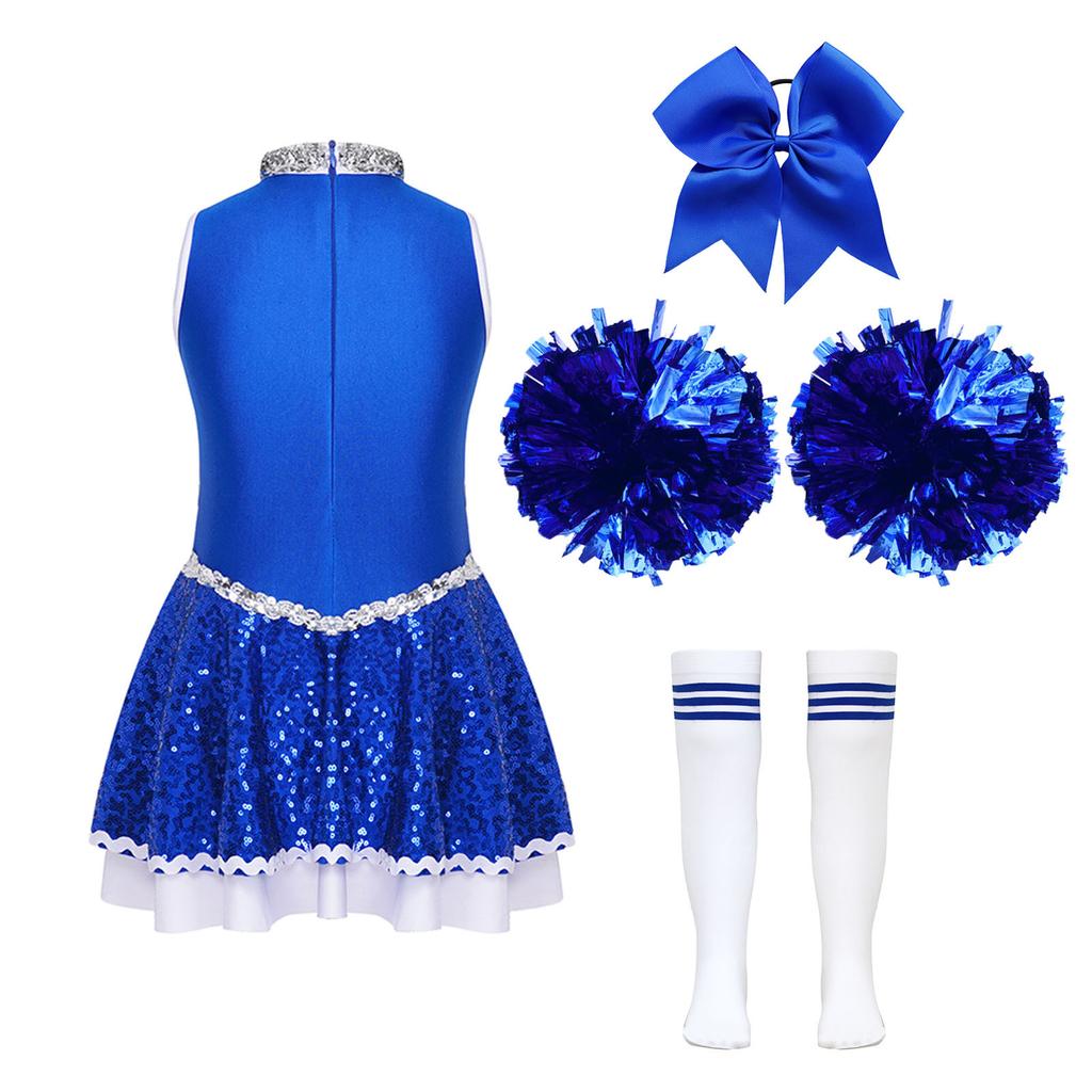 Girls Cheerleading Dance Dress Shiny Sequins Patchwork Invisible Zipper Back with Bow and Socks