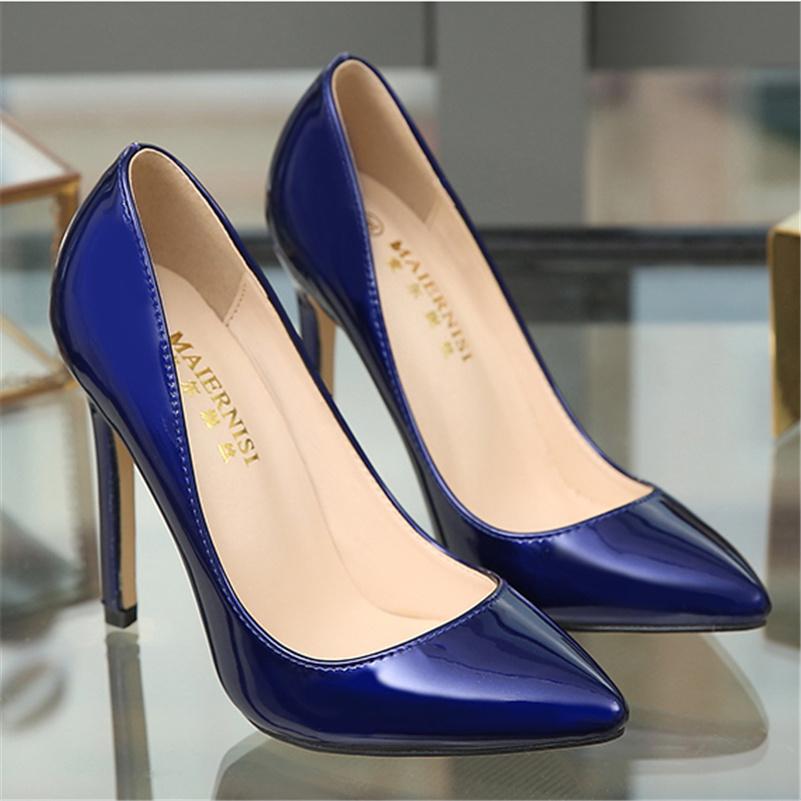 Women 11cm High Heels Scarpin Pumps Lady Pointed Toe Leather Stiletto Heels Female Plus Size Glossy Nude Blue Fashion Shoes