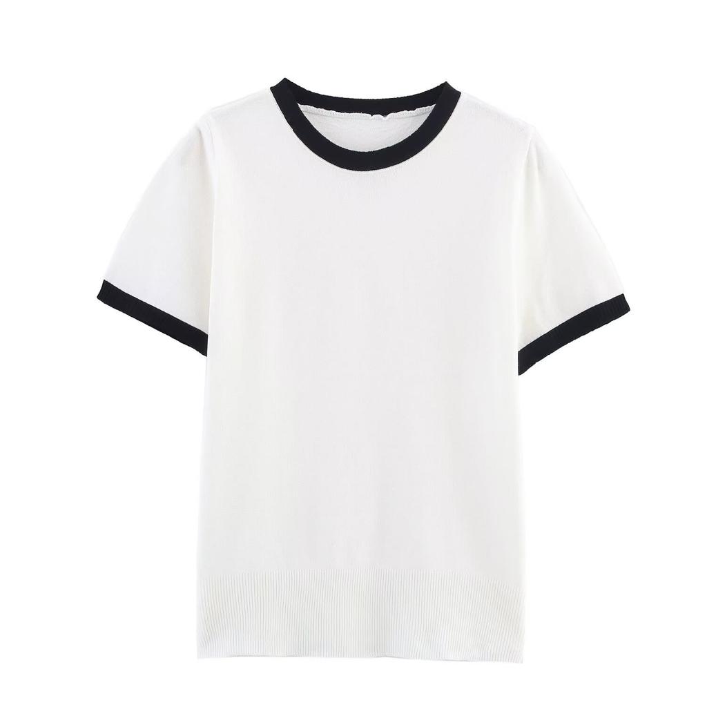 European and American French women's clothing, design, contrasting color round neck pullover knitted sweater