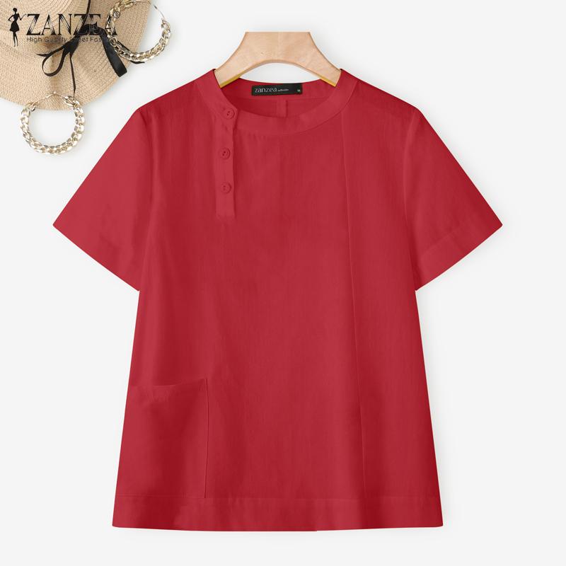 ZANZEA Lässige Bluse mit Rundhalsausschnitt, einfarbig, locker und kurzärmelig für Damen