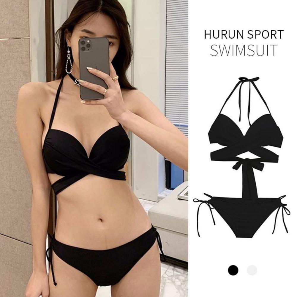 

Купальники сексуальные треугольные стальные держатели жесткие чашки бикини маленькая грудь собрать горячий весенний отпуск купальник XL чёрный