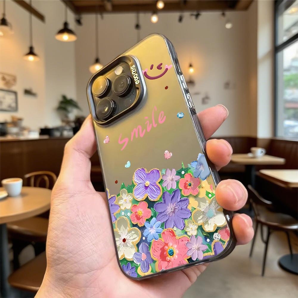 Smile with Colorful Flowers Hard Phone Case for Iphone 16 15 14 13 12 11 Pro Max Mini Shockproof Anti-Scratch Protective Cover