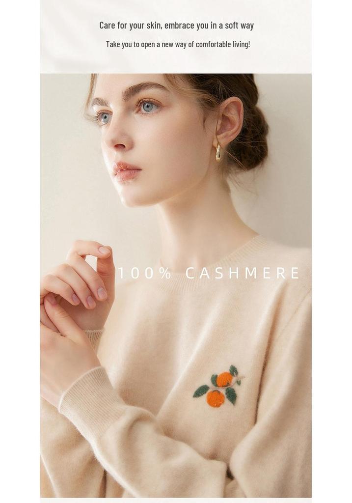 Women's 100% Pure Cashmere Embroidered Round Neck Sweater - Loose Fit Knitwear for Autumn & Winter