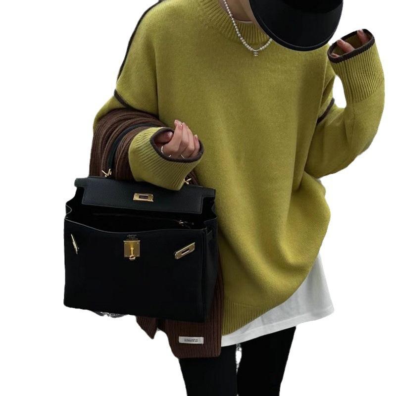 Autumn and Winter Sweater Women's Literary and Retro Loose and Simple Crew Neck Top Design Contrasting Color Versatile Pullover Knitted Sweater