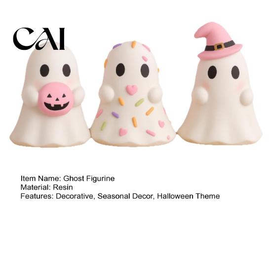 Witch Hat Ghost Figure Cute Halloween Resin Figurine, Candy Pumpkin Small Statue Desk Decor for Girls, Pink White Kawaii Tabletop Ornament Figurine