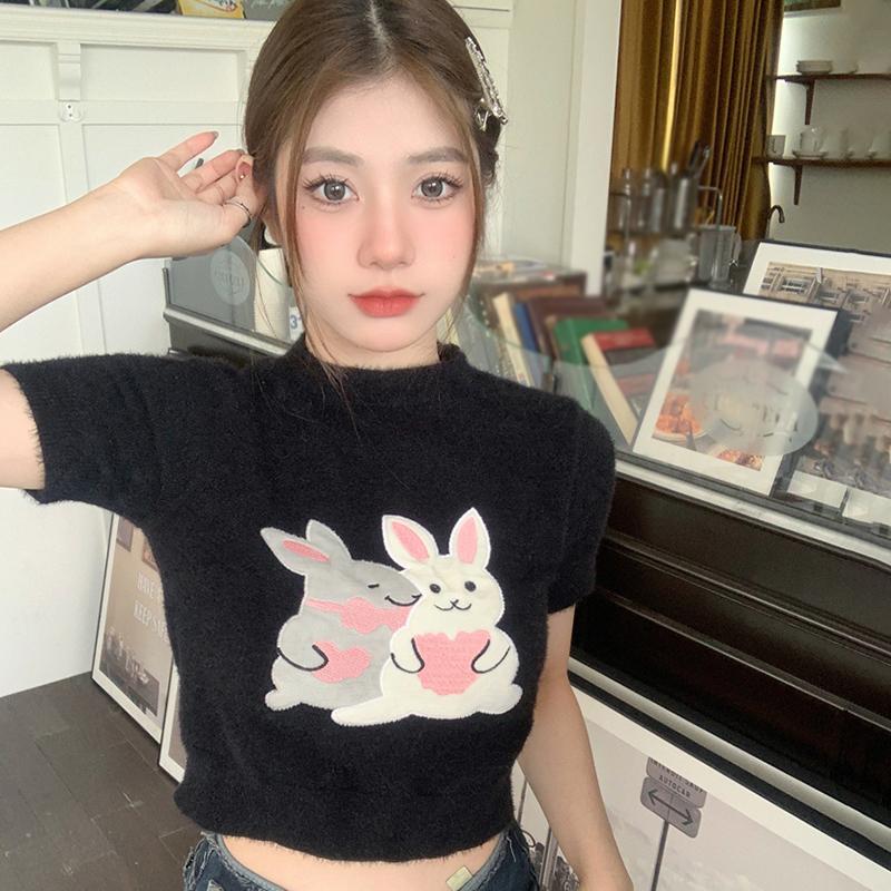 Summer Women's T Shirt Rabbit Print Sweet Casual Short Sleeves Tops Korean Version