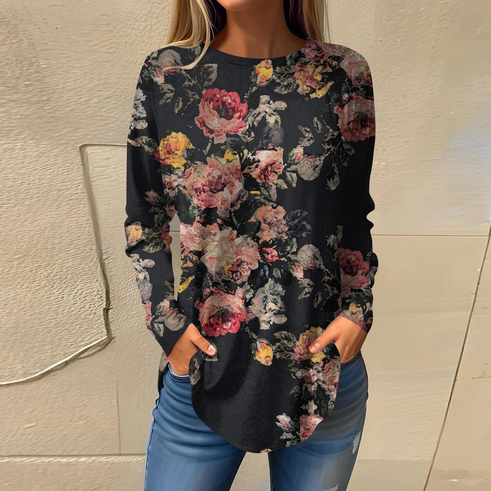 

Футболки для женщин, осенние повседневные рубашки с длинными рукавами, толстовка с ретро-принтом, топ, пуловер L чёрный