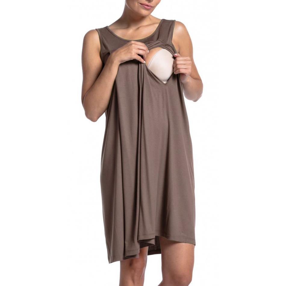 Women's Sleeveless Round Neck Maternity Nursing Dress Loose A Line Midi Pregnancy Nightgown