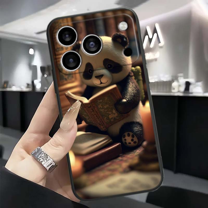 Cartoon Anime Panda Cute For Apple iPhone 17 16 16E 15 14 13 12 11 Pro Max Plus Black Soft Silicone Phone Case