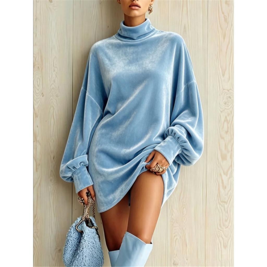 Women Velvet Turtleneck Long Top Oversized Drop‑Shoulder Lantern Long‑Sleeve Loose Casual Tunic