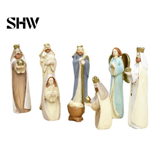Indoor Holiday Home Decorations 8 Pcs Resin Nativity Figurines Set, Christian Scene Figures, Jesus Birth Religious Christmas Tabletop Miniature