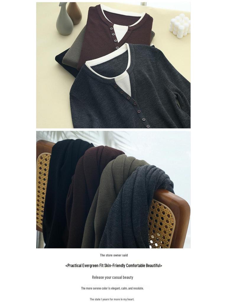 Women's 100% Pure Wool Crew Neck Knitted Sweater - Fake Two-Piece Long Sleeve Base Shirt for Autumn