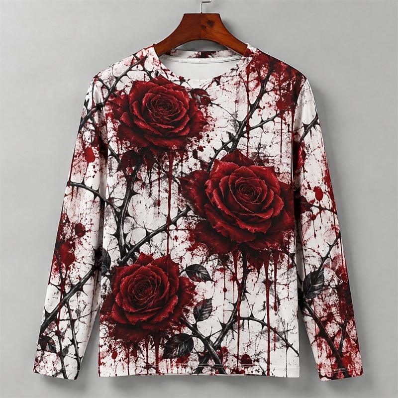Druk 3D Horror Czerwone Plamy Krwi Wzór Halloweenowa Koszulka z Długim Rękawem Dla Mężczyzn Vintage Halloweenowa Impreza Osobowość OOTD Koszulka Top