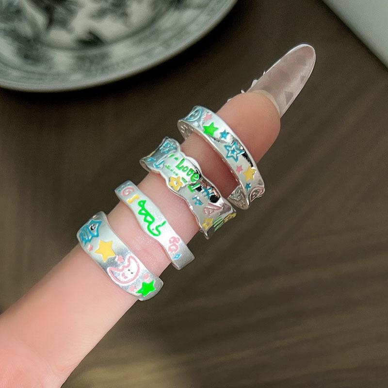 Dopamine childlike fun cartoon sweet cool graffiti painting high value opening ring female niche design sense light luxury ring