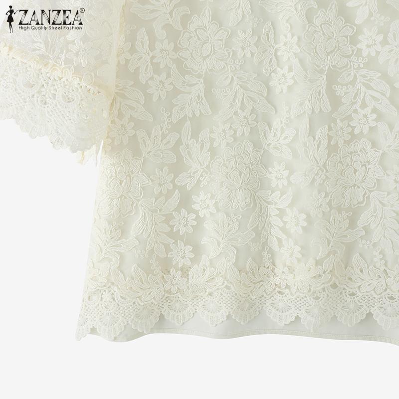 ZANZEA Women Summer Casual Hollow Lace Patchwork Short Sleeve Blouse