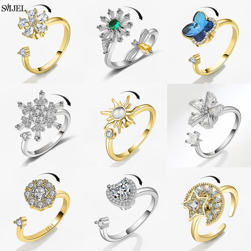 Anelli Antistress Ansia Fidget per Donna Multipli Cristallo Fiore Sole Cuore Metallo Spinner Anello Rotante Gioielli da Matrimonio