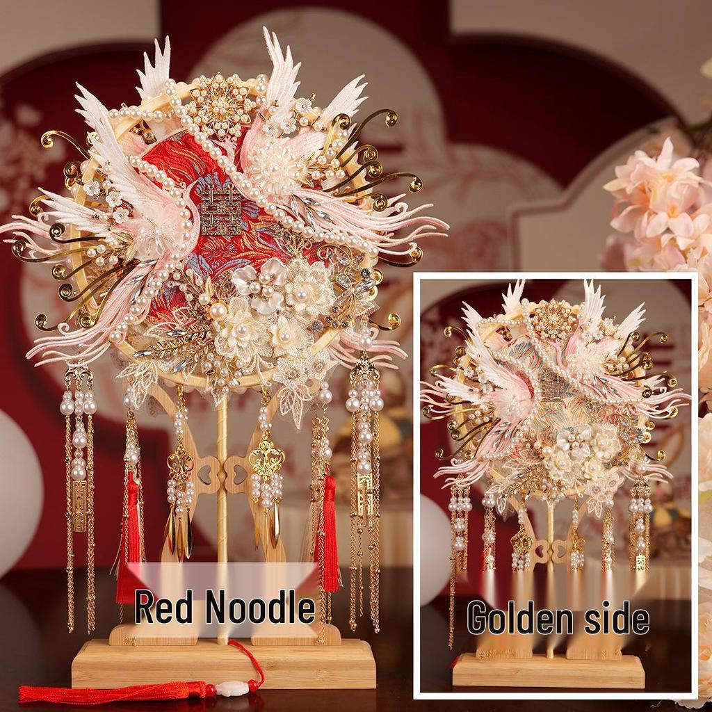 Bride's Joy DIY Handmade Double-Sided Long Handle Wedding Xiuhe Fan - Two-Color Round Face Cover Gift