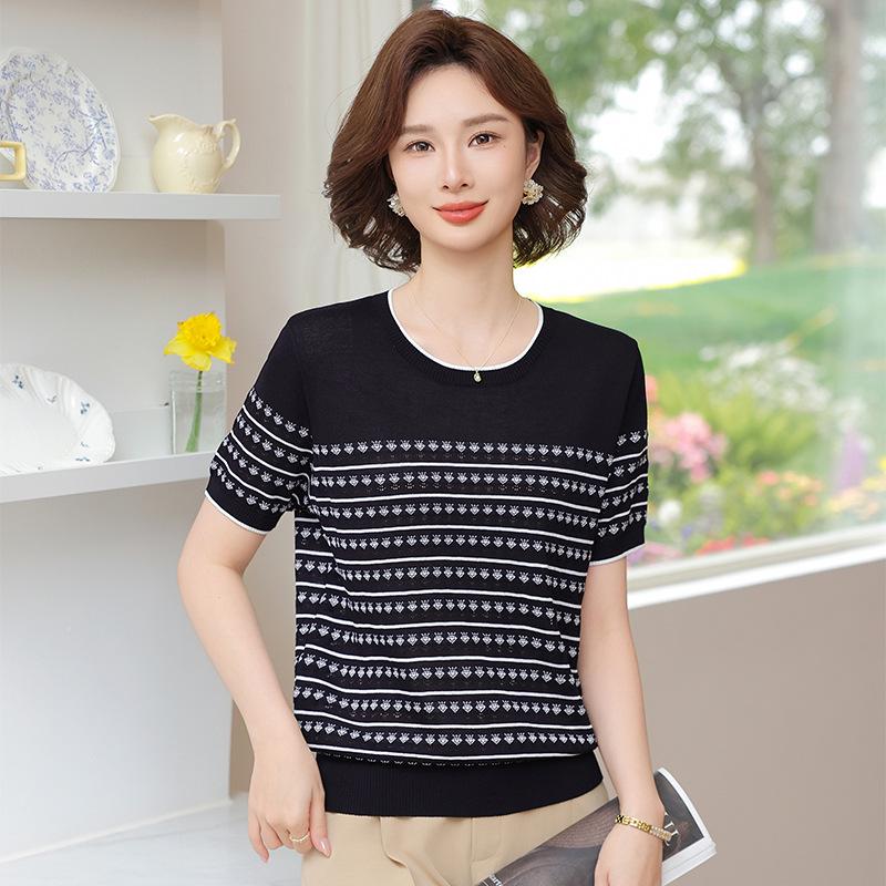 Mom's 2026 Summer Short-Sleeve Striped Knit Top, Ice Silk T-Shirt for Middle-Aged and Elderly Women