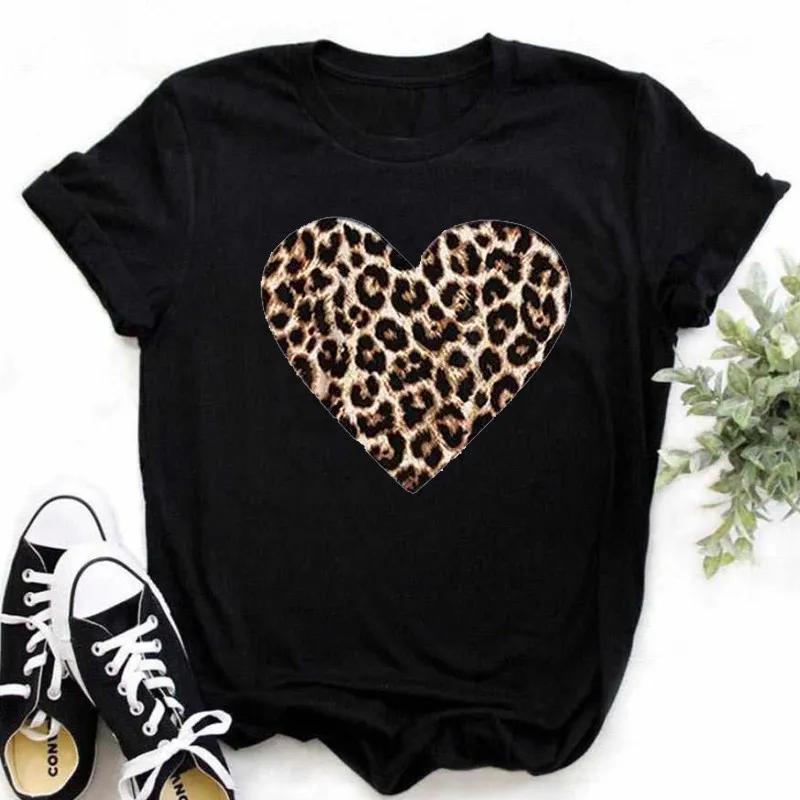 Leopard Love Heart Print Women Fashion T Shirt Black Female Short Sleeve Graphic Tops Women Sleeved Harajuk Streetwear Casual