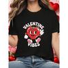 European Size Women's Valentine Vibes T-Shirt - Cute Heart  Love Phrases Print Short Sleeve Blouse, Medium-Stretch Casual Spring Summer
