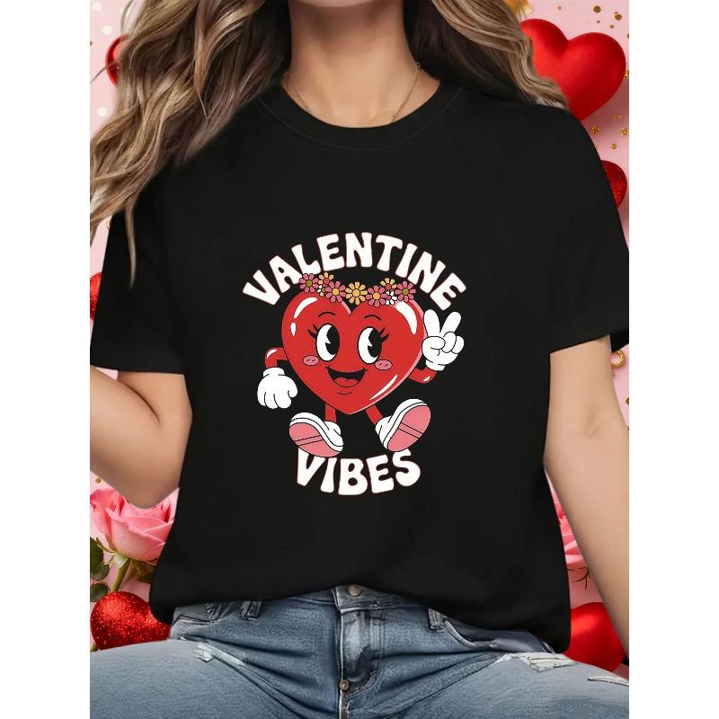European size Women s Valentine Vibes T-Shirt - Cute Heart  Love Phrases Print Short Sleeve Blouse, Medium-Stretch Casual Spring Summer S чёрный