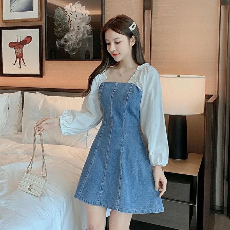 Women's Denim Dress A-line Skirt Puff Sleeves Spring and Summer Sexy Above The Knee Length Daily Wear Office Dating Party