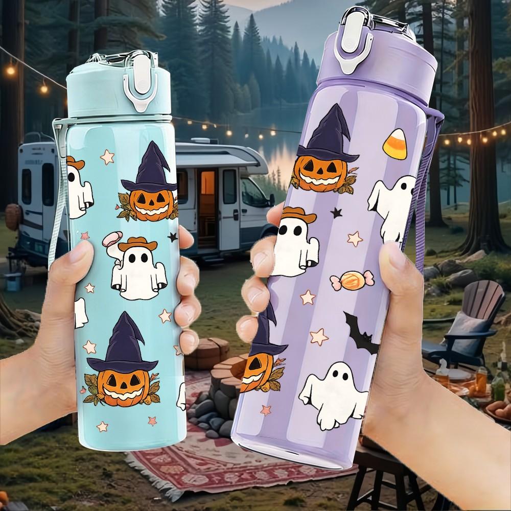 1PC Halloween Witch Ghost Pattern Print 750ml Color Plastic Sports Water Bottle Leakproof Flip Straw Lid Suitable for Sports Office Home Use