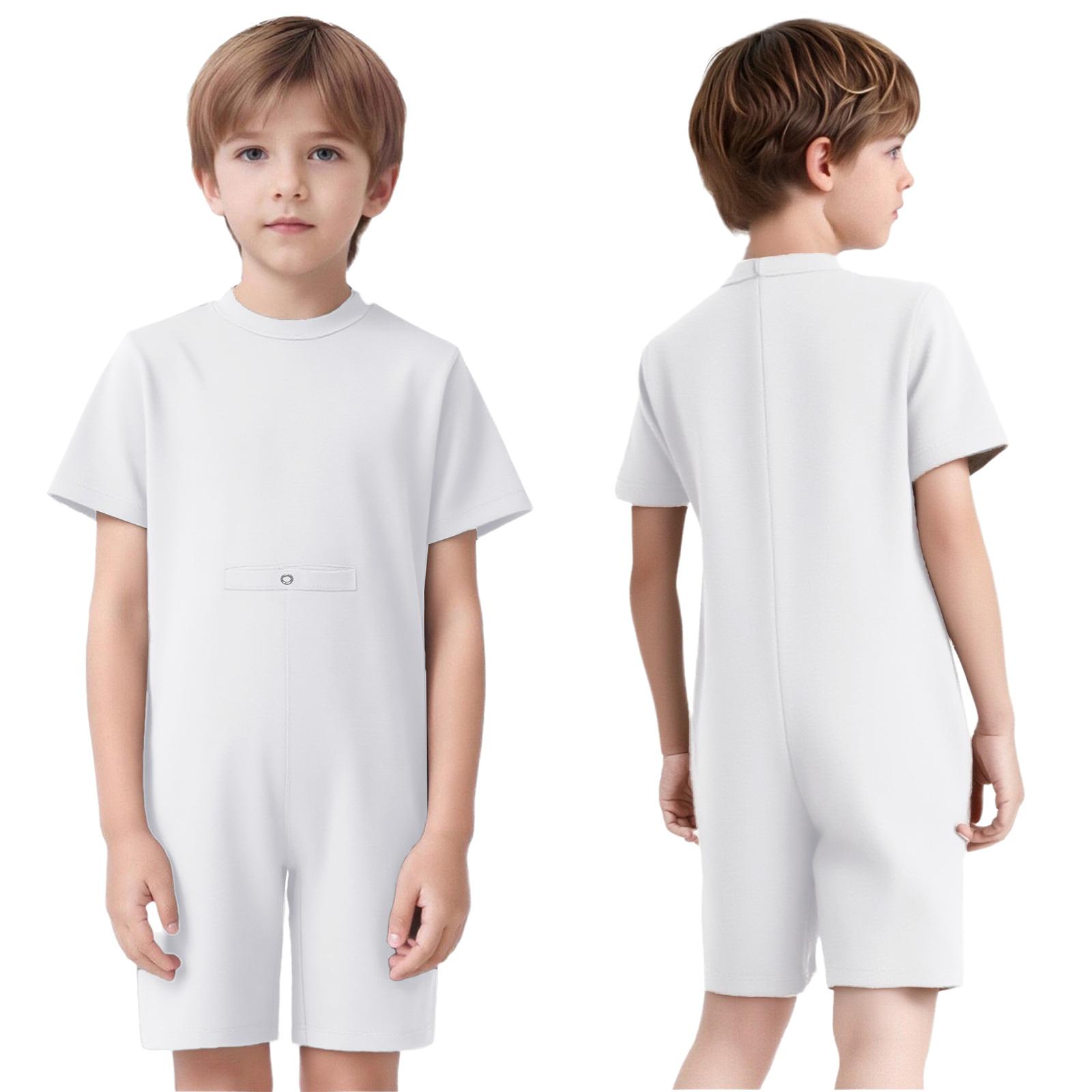 

Адаптивний дитячий комбінезон унісекс, блискавка ззаду з петлею для ґудзика, круглий виріз, короткий рукав 7-8 Years білий