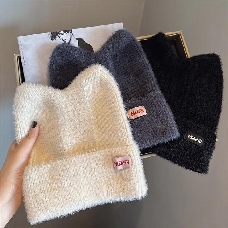 Cat Ears Warm Plush Knitted Beanies for Women Love Heart Embroidery Ear Warmer Cap Solid Color Windproof Pullover Hat Bonnet