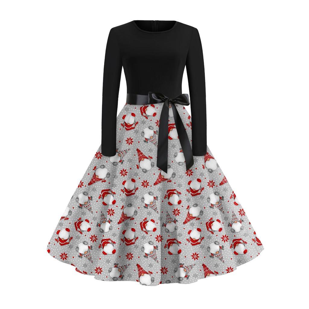 Women's Vintage Dress Long Sleeve Christmas Print Round Neck Swing Dress