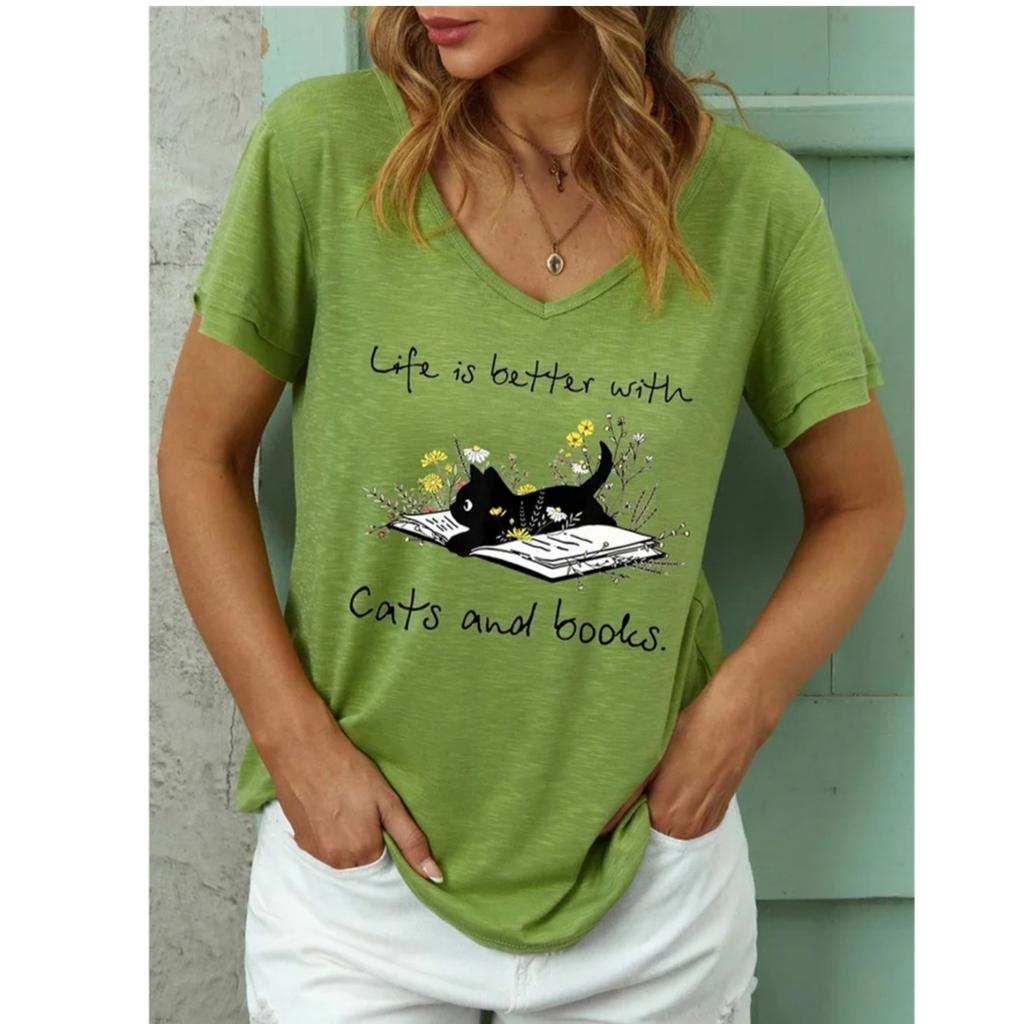 TShirt Women Summer Cute Cat Print V-Neck Sexy Polyester Harajuku Casual Pullover Cartoon Animals Female Streetwear Ladies Tops