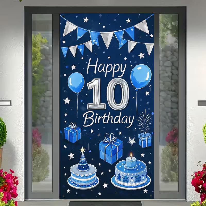 

2D Boys 10th Birthday Door Banner Blue Themed with Cakes & Balloons Photography Background 47.2x31.5inch/120*80cm