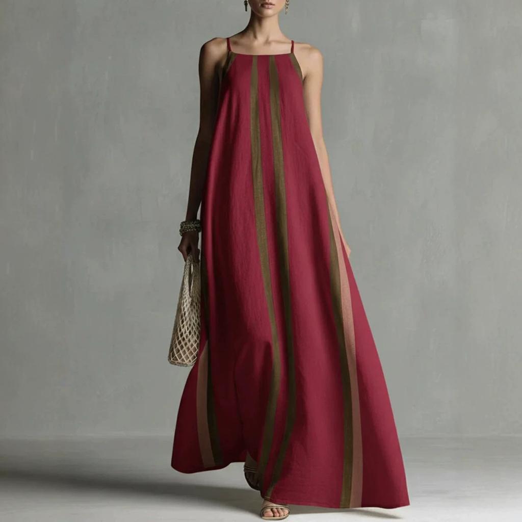 Women Summer Vertical Stripe Spaghetti Strap Maxi Dress, Loose Flowy Linen Sundress, Casual Vacation Beach Resort Long Dress