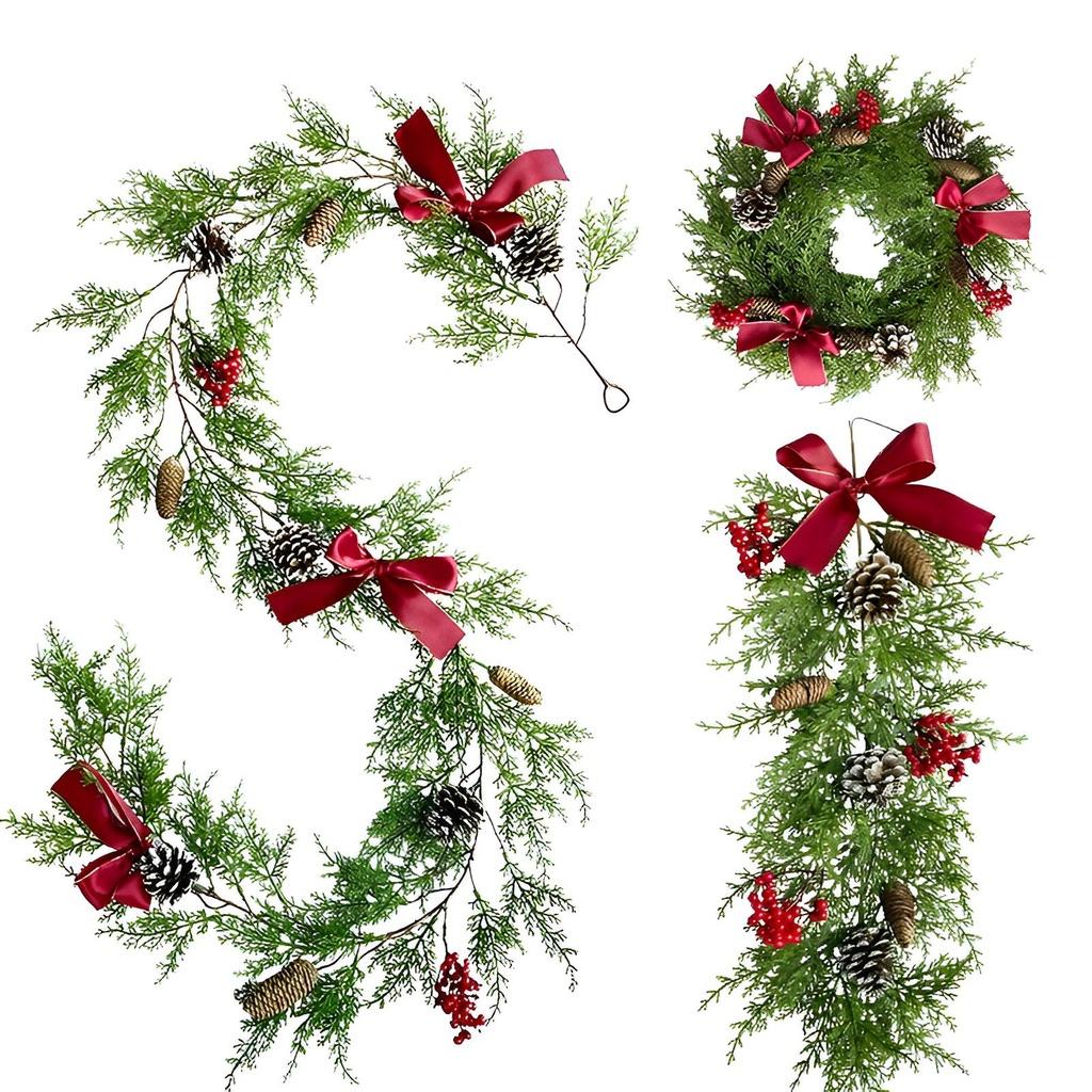Christmas Rattan Wreath Garland With Berry And Flowers- Diy Fireplace Decor And Tree Ornament